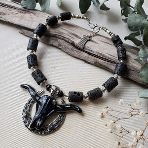 Large Boho Pendant Tribal Horseshoe Necklace Genuine Lava Stone